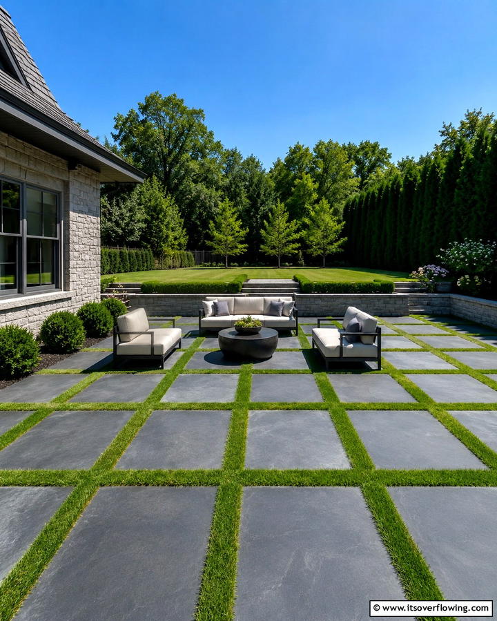 Stone and Grass Interplay - 25 Stone Patio Ideas for Natural Outdoor Beauty