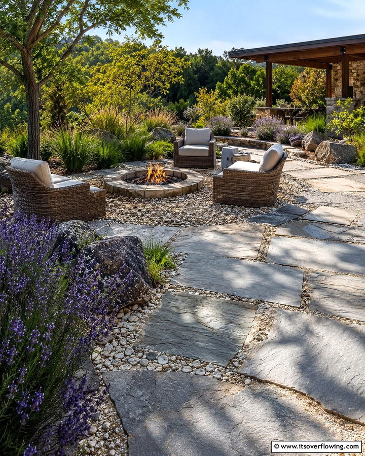 Stone and Gravel Combination - 20 Stone Patio With a Fire Pit Ideas for Cozy Nights