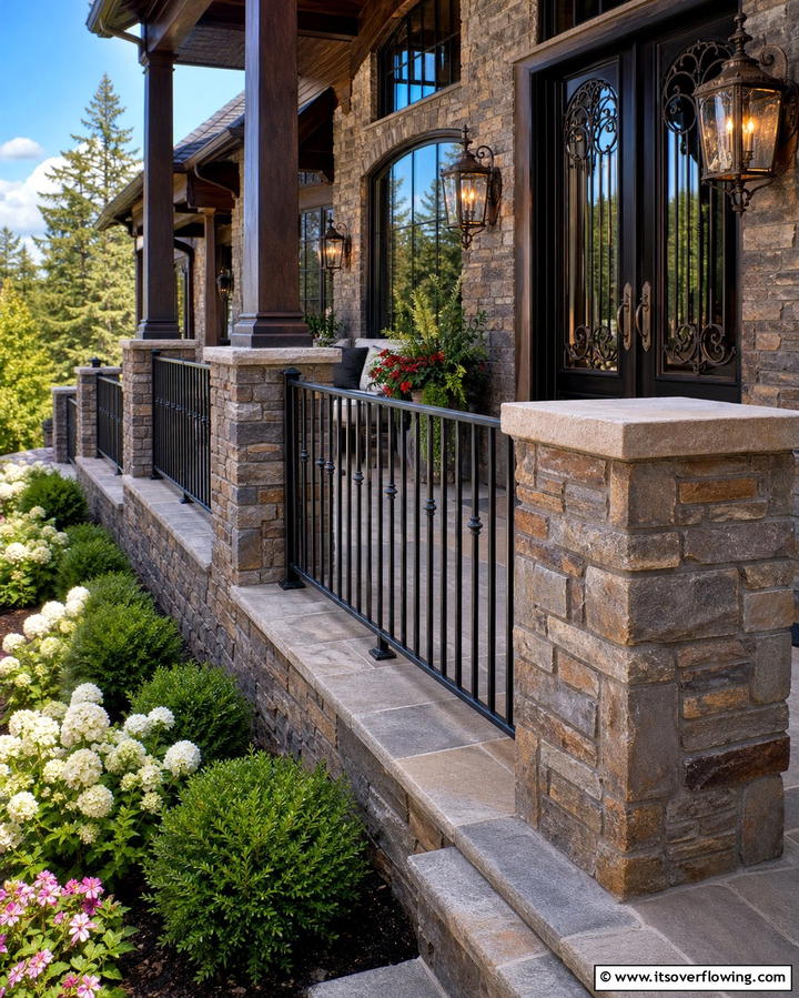Stone and Metal Combinations - 25 Front Porch Railing Ideas to Enhance Curb Appeal