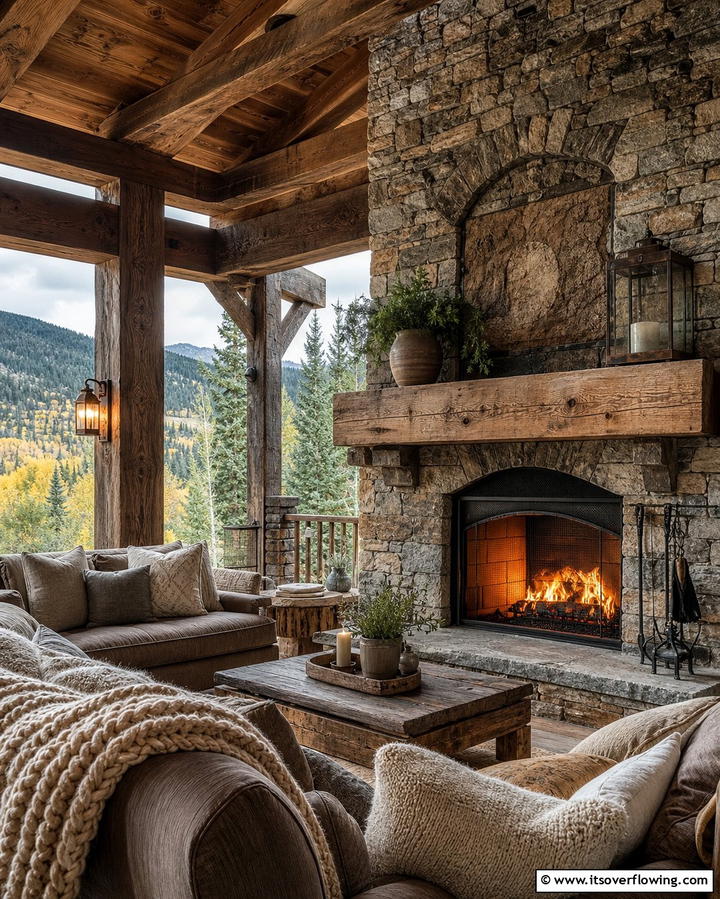 Stone and Timber Fireplace - 25 Porch Fireplace Ideas for Cozy Outdoor Evenings