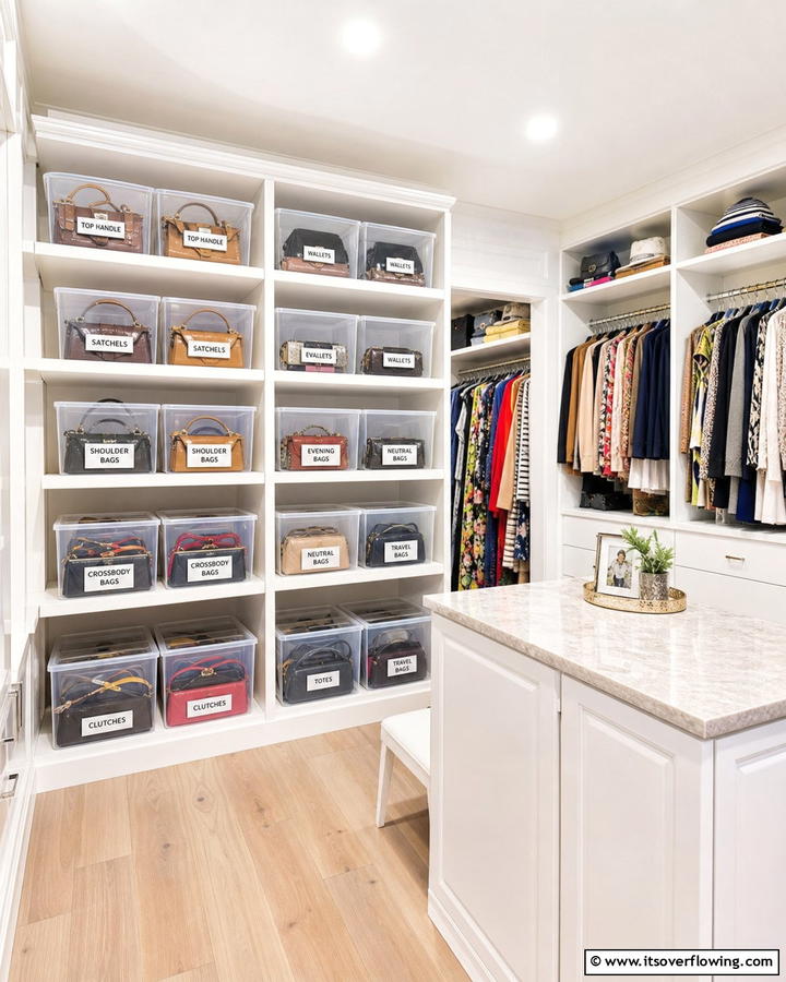 Storage Bins with Labeling - 17 Purse Storage Ideas for Organized Closets and Entryways