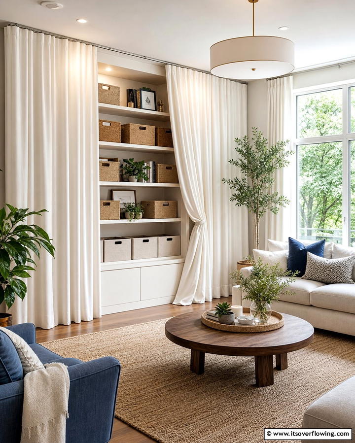 Storage Curtains for Concealment - 30 Living Room Storage Ideas to Declutter Your Space