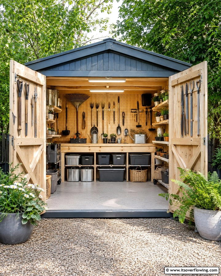 Storage Focused Shed with Pegboards - 25 Garden Shed Ideas for Functional Outdoor Storage