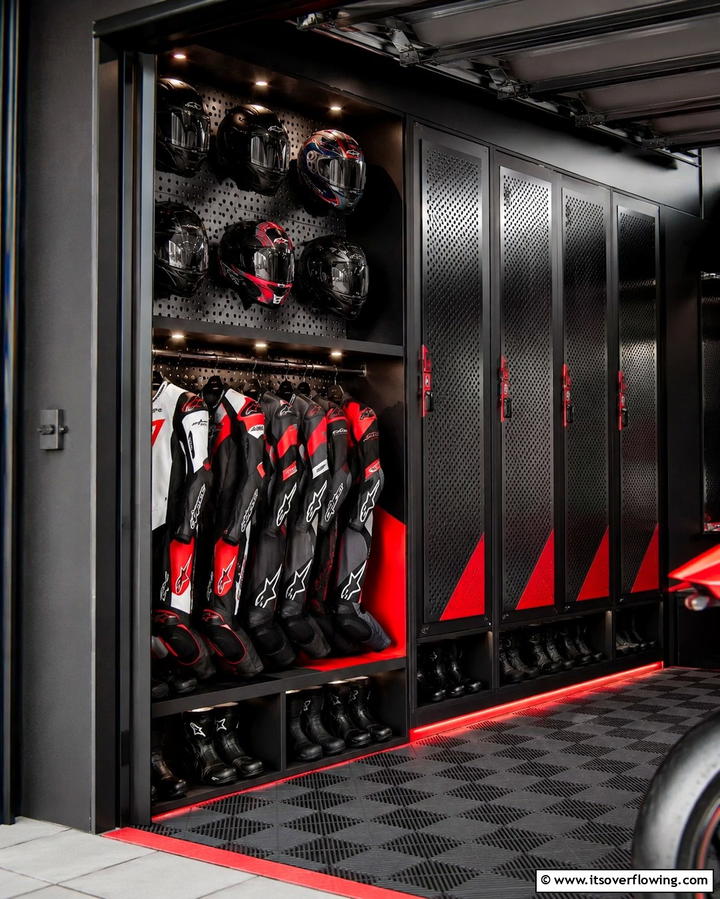 Storage Racks for Gear - 25 Motorcycle Garage Ideas for Bike Enthusiasts
