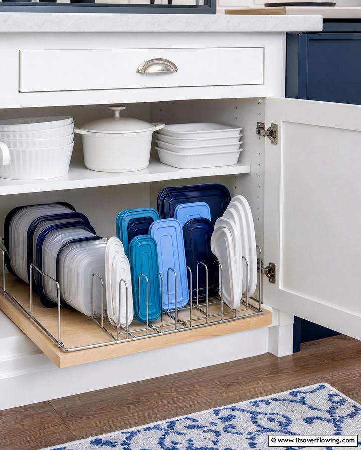 Store Lids Vertically in a File Organizer - 25 Tupperware Organization Ideas for a Tidy Kitchen