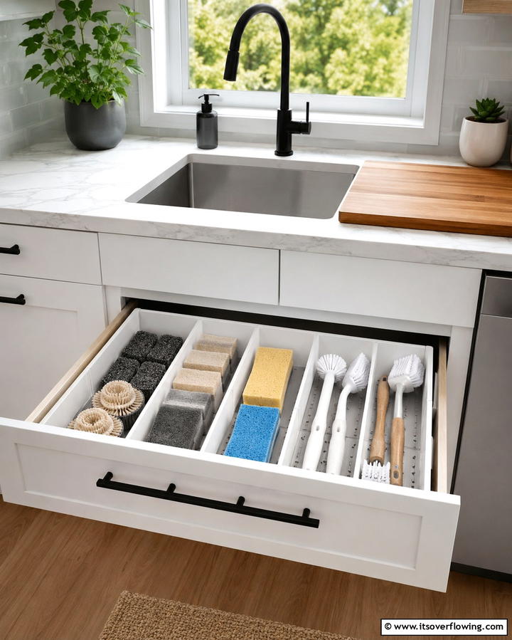 Store Small Items in Drawer Dividers - 20 Kitchen Sink Organization Ideas to Maximize Space