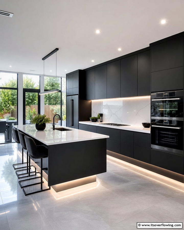 Streamlined Contemporary Look - 21 Kitchens With Black Cabinets- Bold & Timeless Designs