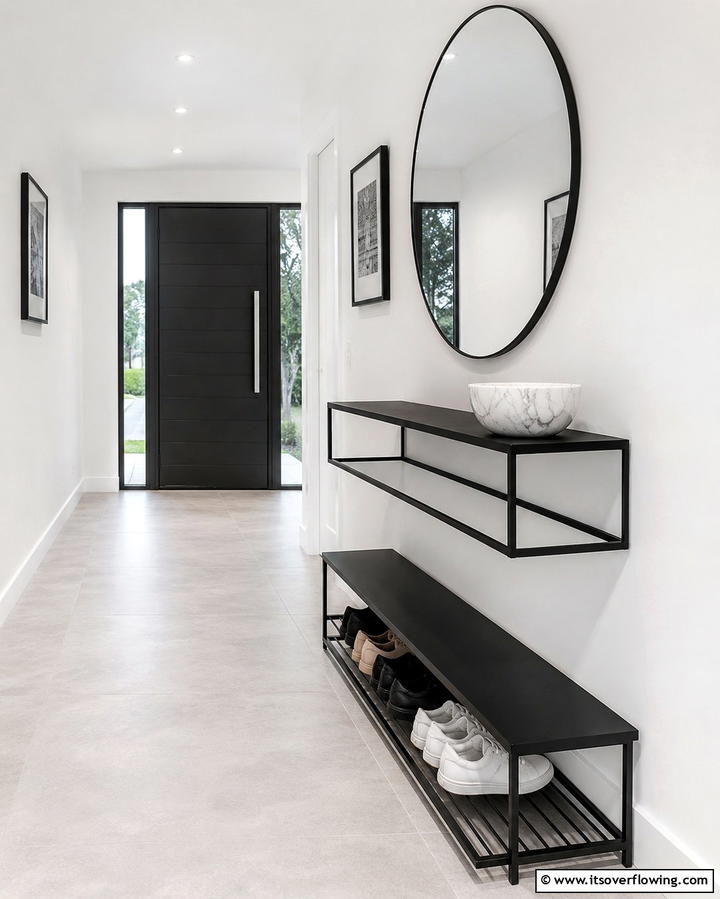 Streamlined Furniture Choices - 30 Chic Black and White Hallway Ideas for Timeless Elegance