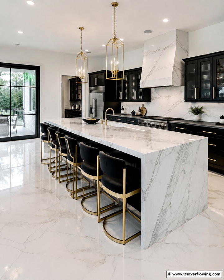 Streamlined Kitchen Island - 30 Luxe Black, White, and Gold Kitchen Ideas for Elegant Spaces