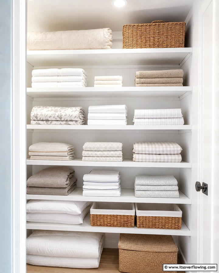 Streamlined Shelving Solutions - 30 Linen Closet Organization Ideas for Maximized Storage
