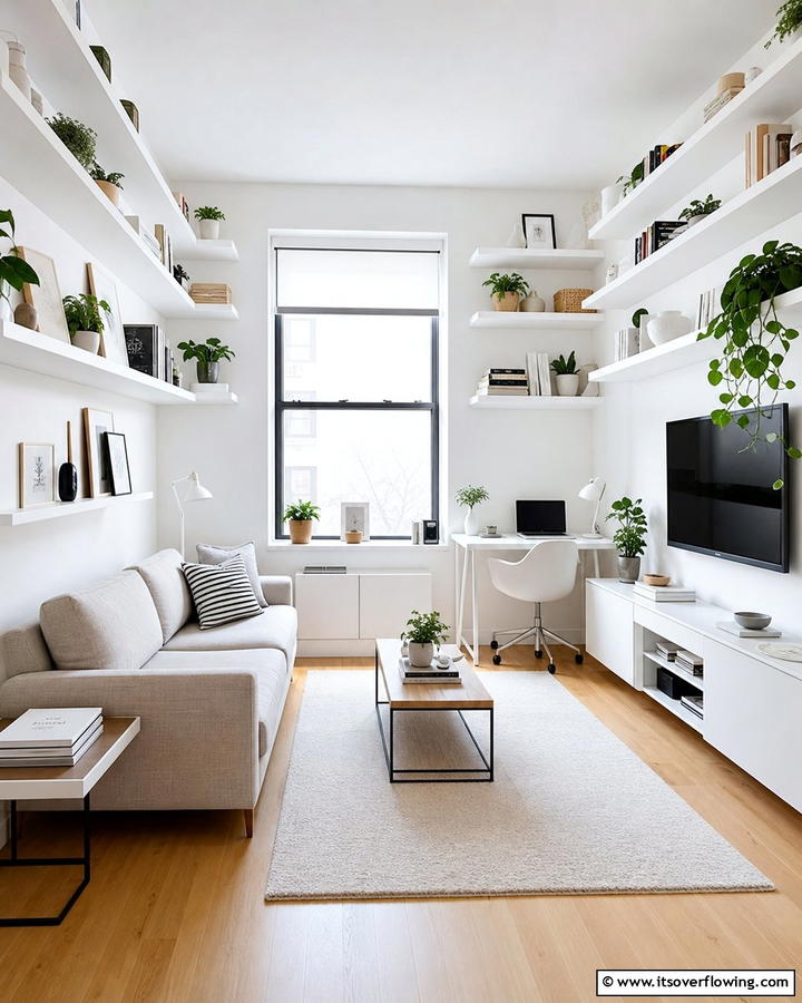 Streamlined Space with Floating Shelves - 21 Small Apartment Decorating Ideas for Stylish Living