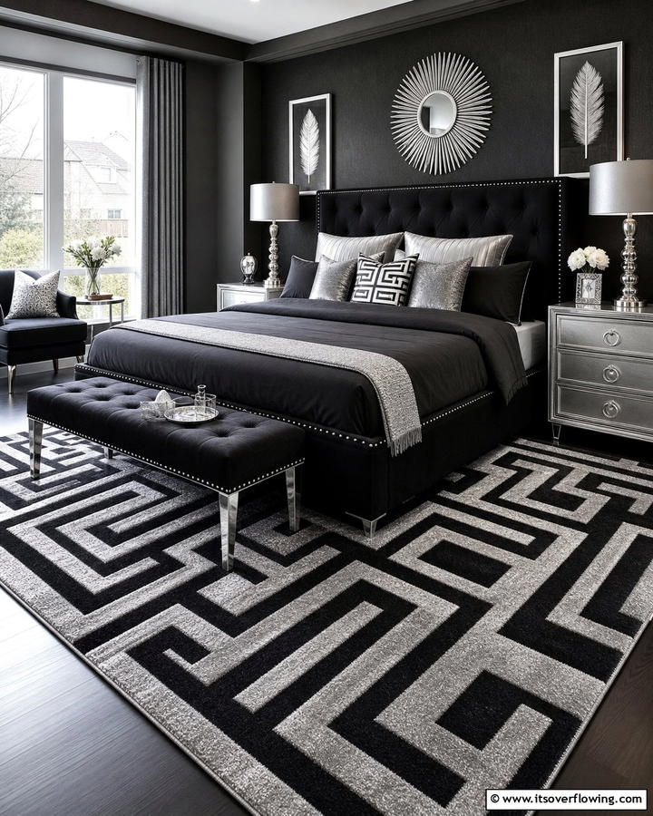 Striking Area Rugs - 20 Black and Silver Bedroom Ideas for a Sleek Aesthetic