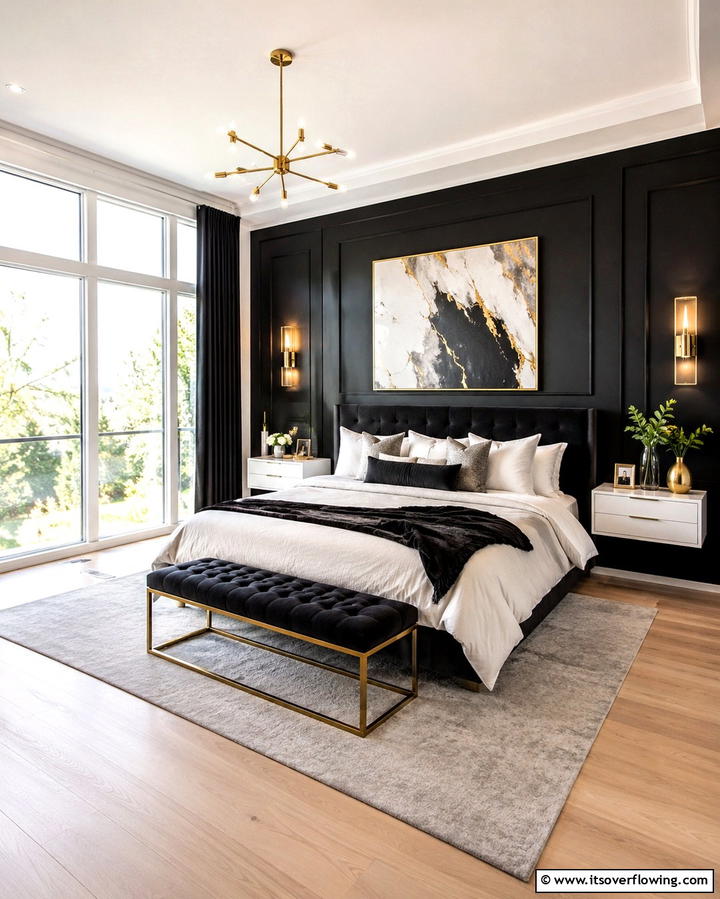 Striking Black Accent Wall - 25 Black and White Bedroom Ideas for a Timeless Design