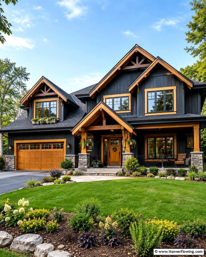 Striking Black Exterior with Warm Wooden Trim - 25 Black House With Wood Accents Ideas for a Bold Design