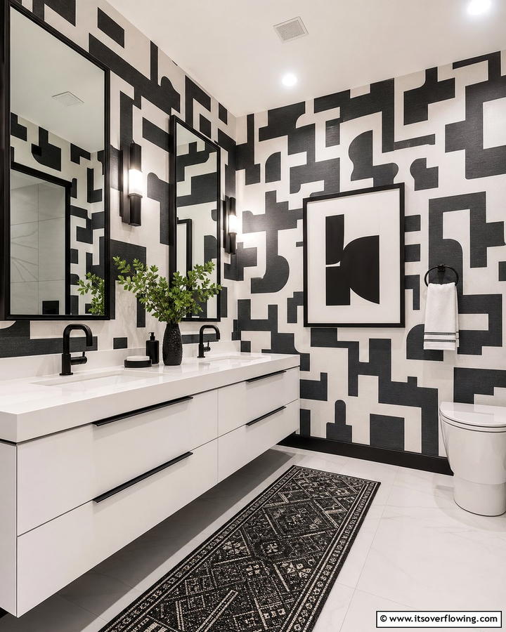 Striking Black and White - 21 Bathroom Wallpaper Ideas to Add Bold Patterns or Subtle Texture