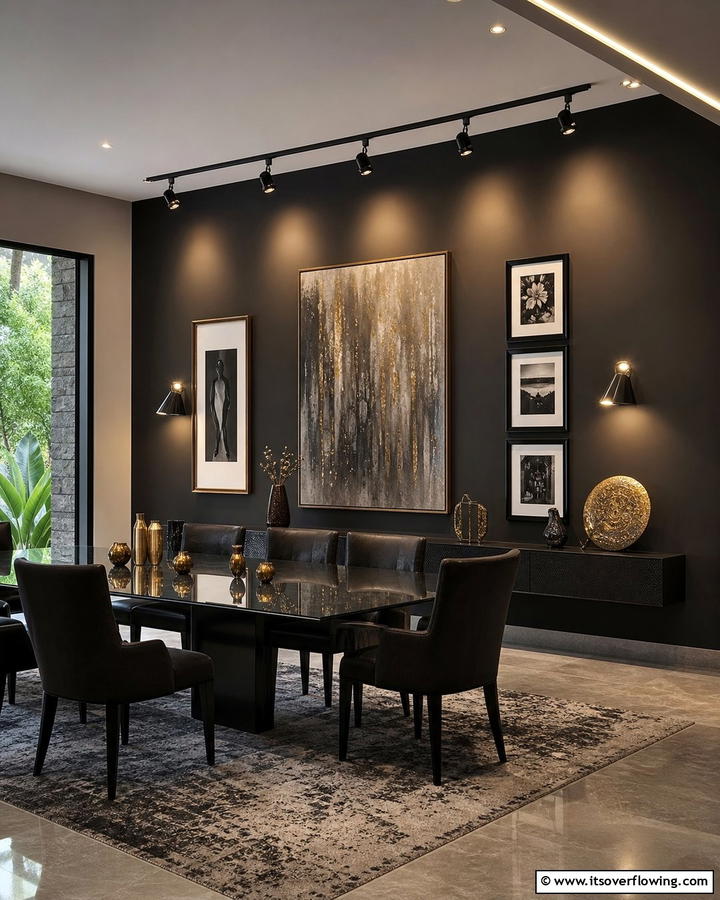 Striking Gallery Lighting - 20 Black Accent Wall Dining Room Ideas for a Bold Look