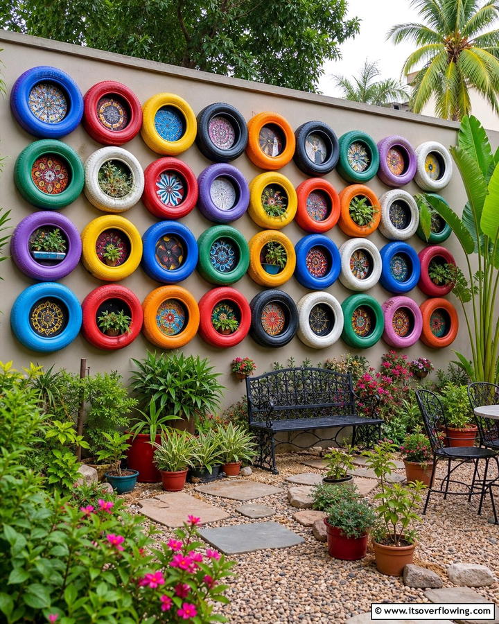 Striking Tyre Wall Art - 21 Recycled Tyre Garden Art Ideas for Eco-Conscious Spaces