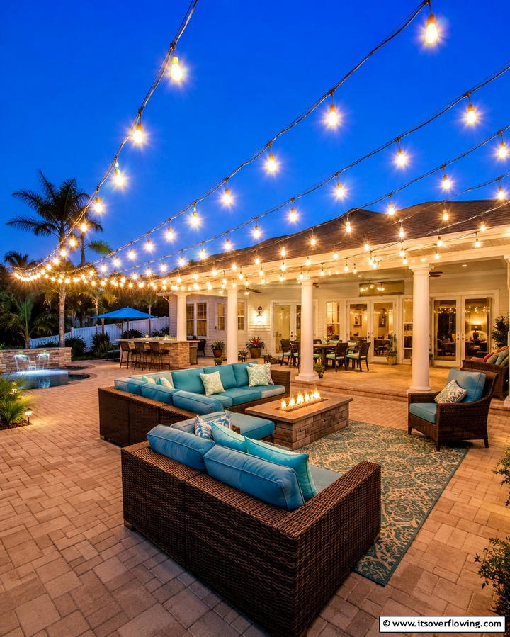 String Light Ambiance - 25 Front Yard Patio Ideas to Enhance Your Outdoor Space