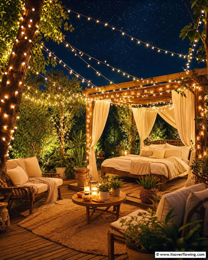 String Light Ambiance - 20 Outdoor Bedroom Ideas for a Relaxing Retreat