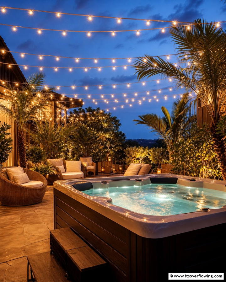 String Lighting Ambiance - 25 Relaxing Hot Tub Decor Ideas for Your Backyard