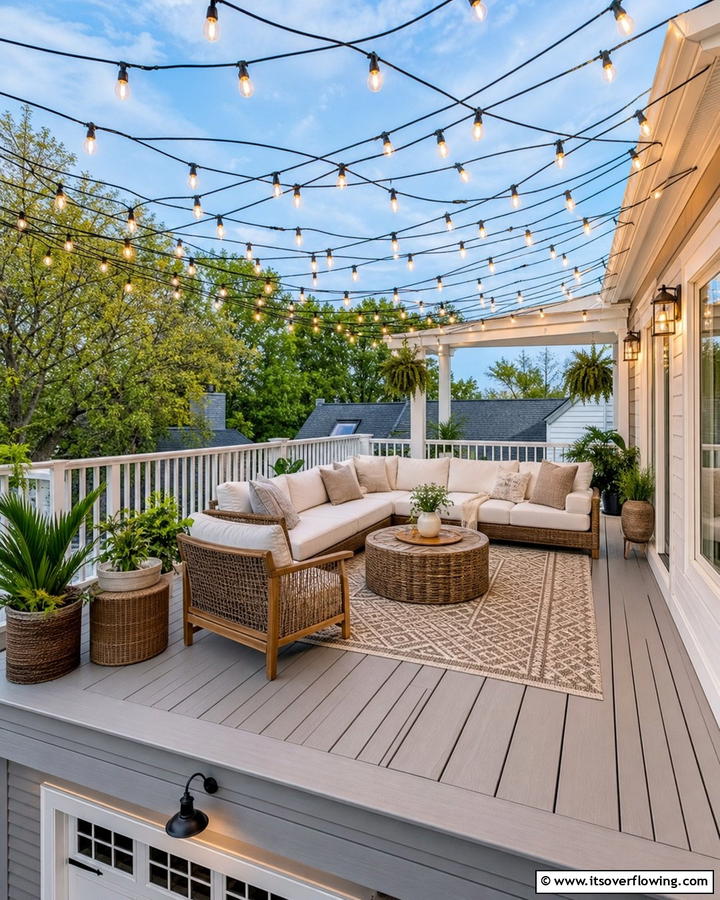 String Lighting - 20 Balcony Over Garage Ideas for Extra Space