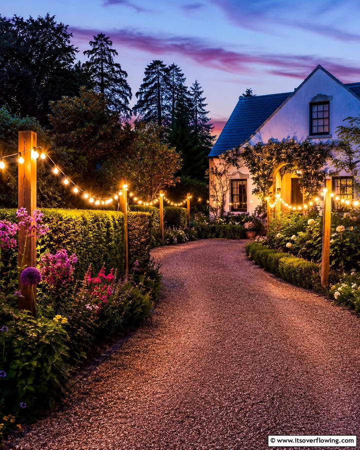String Lights Along Driveway Edges - 25 Driveway Lighting Ideas to Illuminate Your Home