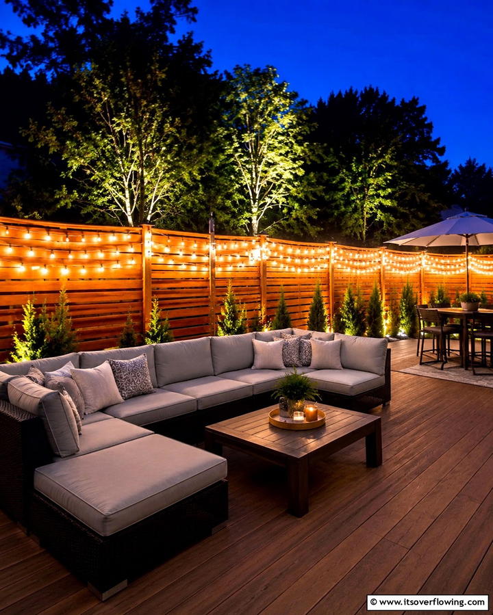 String Lights Along the Fence Line - 25 Fence Lighting Ideas to Illuminate Your Outdoor Space