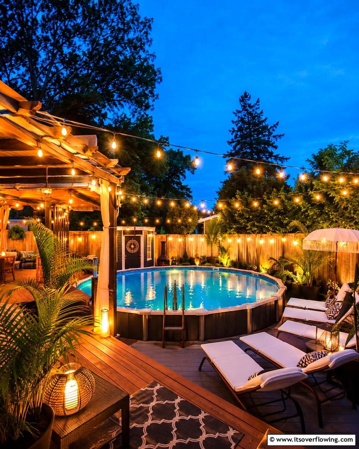 String Lights Ambiance - 25 Above Ground Pool Landscaping Ideas for a Stunning Yard