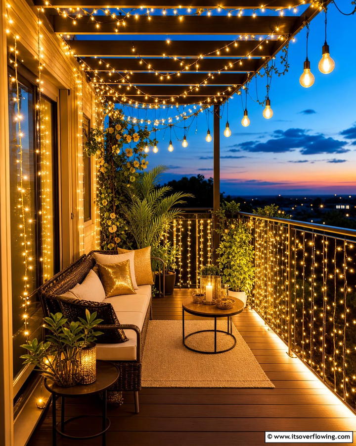 String Lights Ambience - 21 Small Balcony Decor Ideas for Cozy Outdoor Retreats
