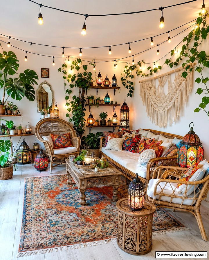 String Lights and Lanterns - 25 Colorful Boho Living Room Ideas for a Vibrant Space