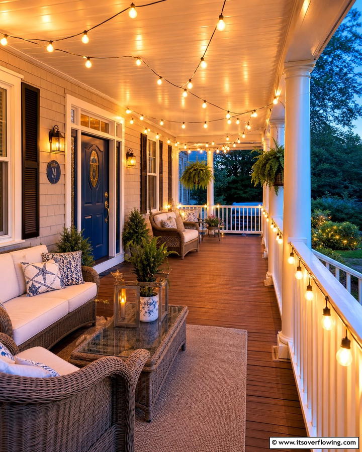 String Lights for Ambiance - 20 Small Cape Cod Front Porch Ideas for Charm