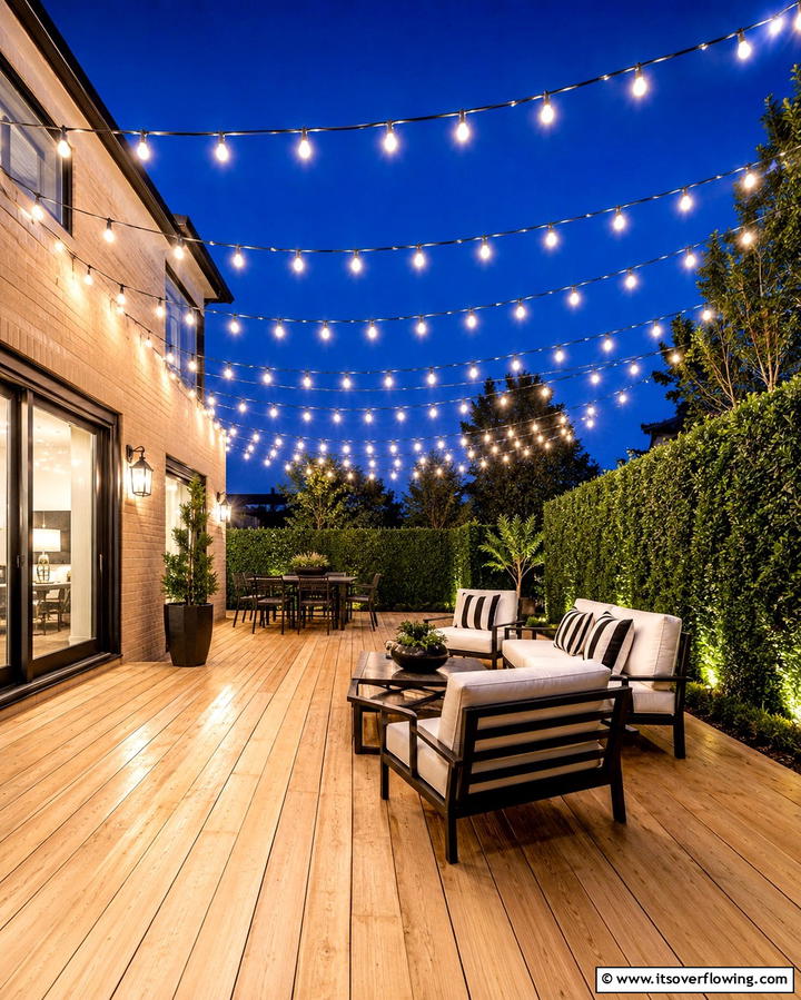 String Lights for Ambiance - 30 Space-Saving Townhouse Backyard Design Ideas