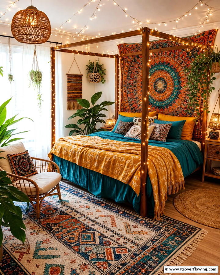 String Lights for Ambiance - 25 Colorful Boho Bedroom Ideas for a Cozy Retreat