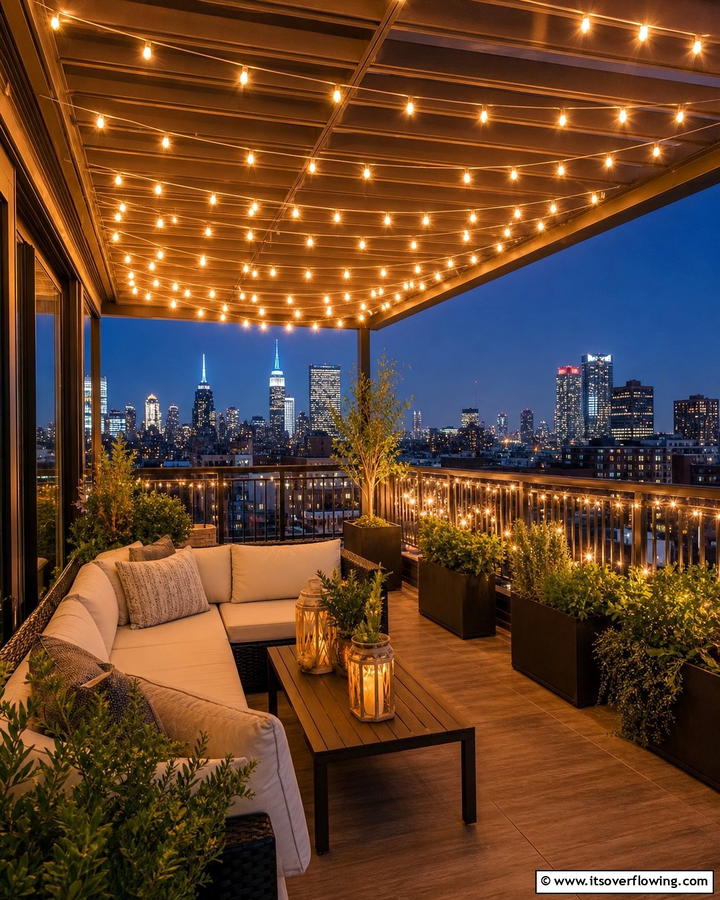 String Lights for Ambiance - 20 Penthouse Balcony Ideas for a Luxurious Outdoor Space