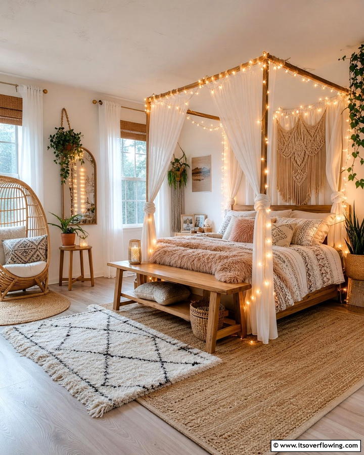 String Lights for Warm Ambiance - 20 Girls Boho Bedroom Ideas for a Chic and Relaxing Space