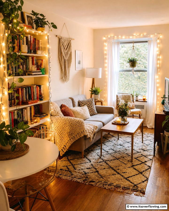 String Lights for a Cozy Ambiance - 25 Budget Apartment Living Room Ideas for Small Spaces