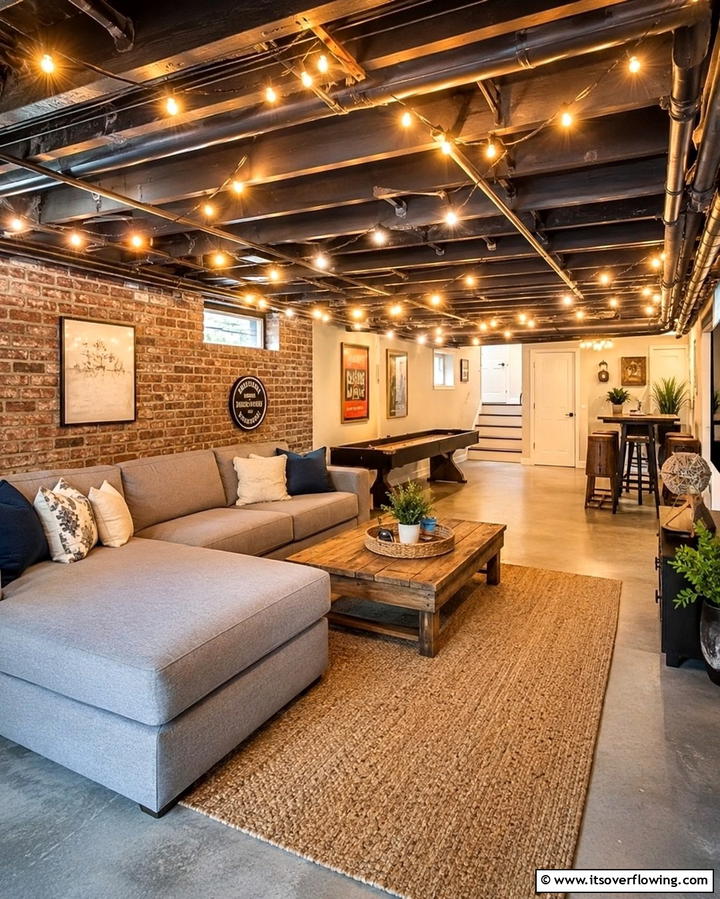 String Lights for a Cozy Atmosphere - 25 Exposed Basement Ceiling Ideas for an Industrial Chic Look