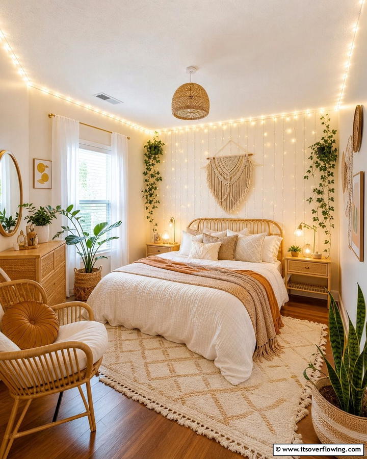 String Lights for a Magical Ambience - 20 Cozy Small Boho Bedroom Design Ideas
