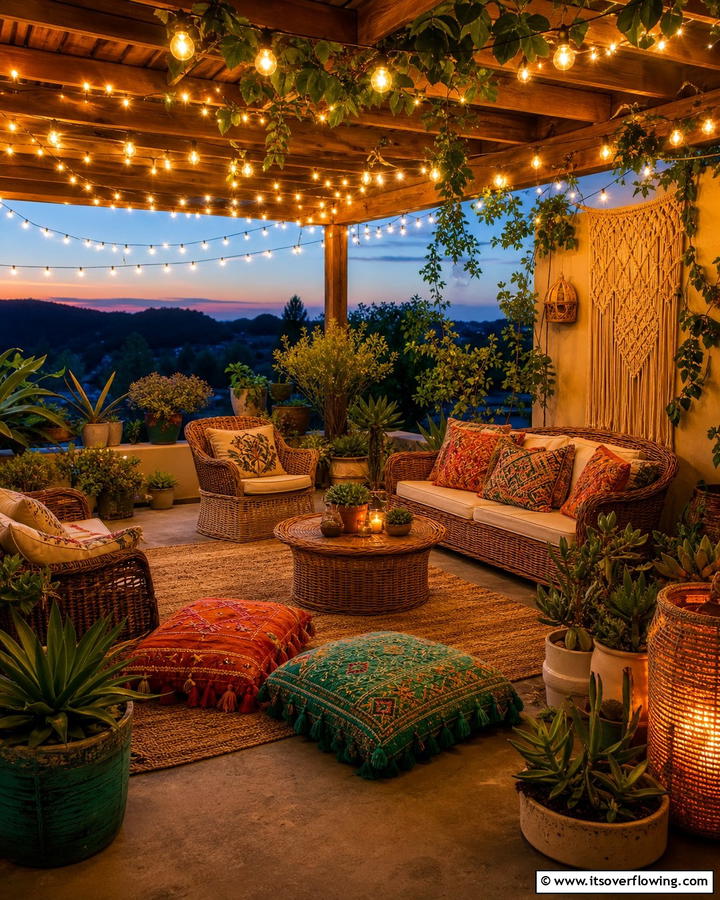 String Lights for a Magical Glow - 25 Cozy Boho Patio Ideas for Relaxing Outdoor Spaces