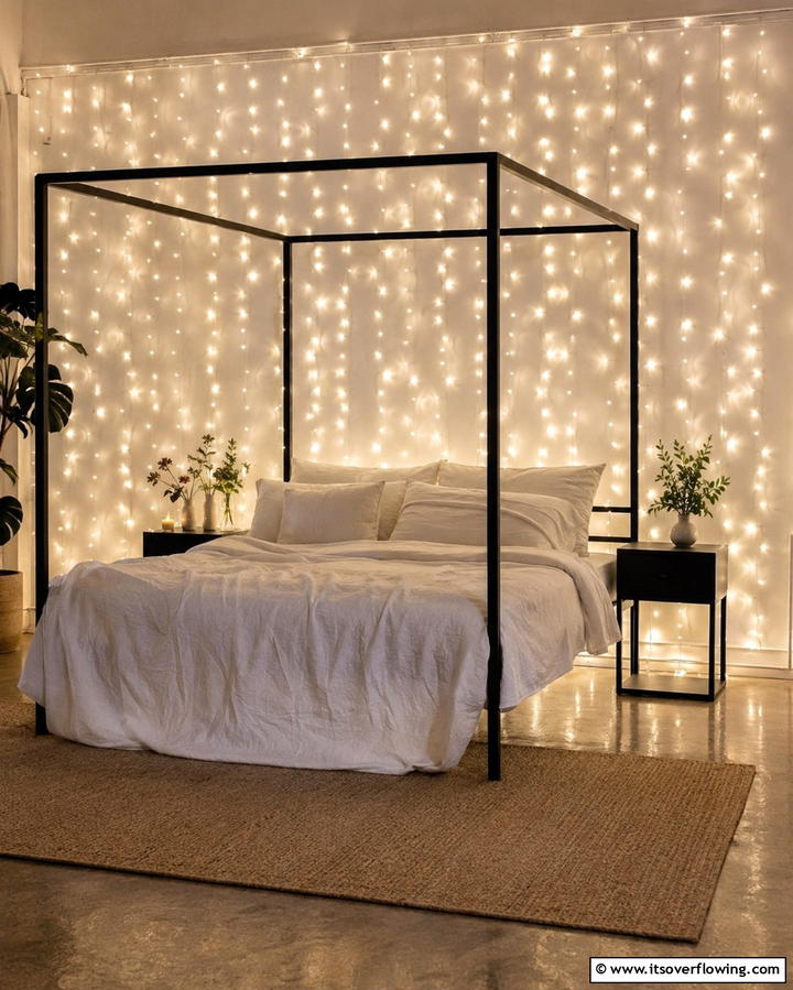 String Lights or Fairy Lights - 25 No Headboard Ideas for a Modern and Minimalist Bedroom