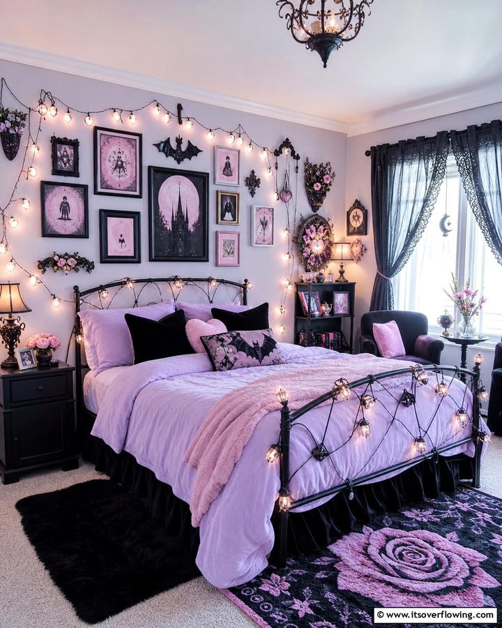 String Lights with Dark Accents - 20 Pastel Goth Bedroom Ideas for a Unique Aesthetic