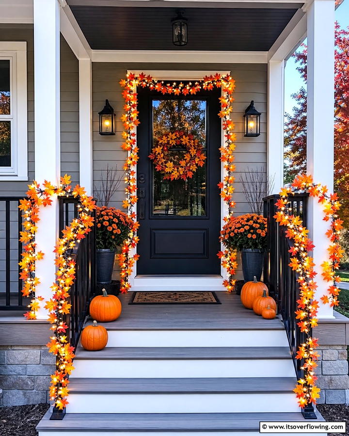 String Lights with Leaf Accents - 25 Front Door Fall Decor Ideas for a Welcoming Entrance
