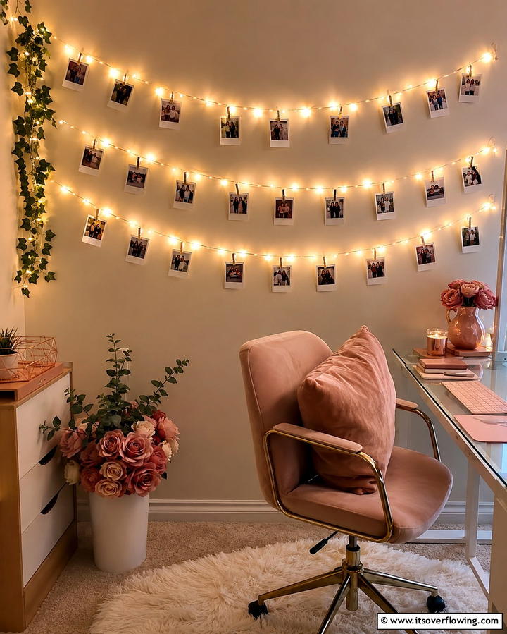 String Lights with Photos - 25 Office Wall Decor Ideas to Inspire Creativity