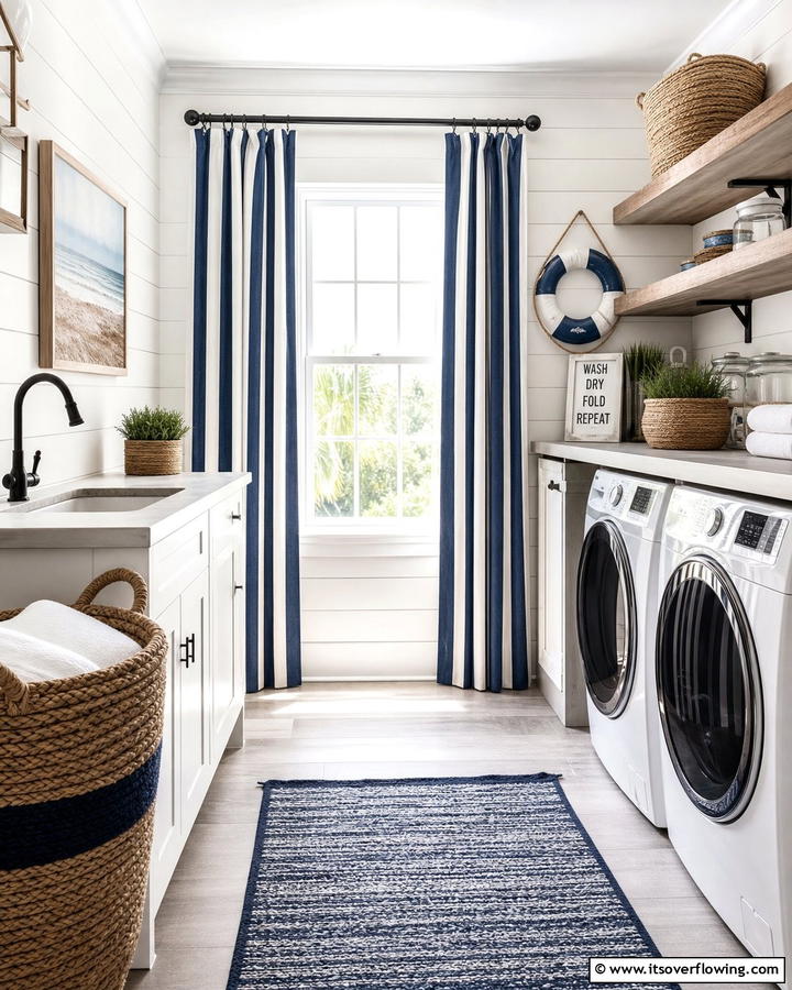 Striped Curtains for a Fresh Coastal Vibe - 20 Laundry Room Curtain Ideas for a Stylish and Private Space