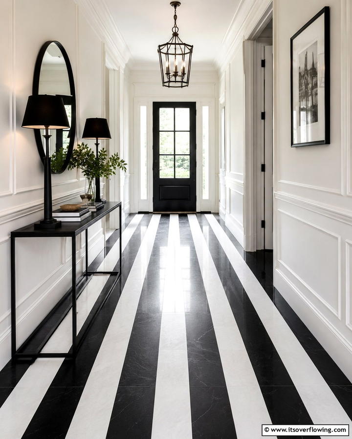 Striped Floor Elegance - 30 Chic Black and White Hallway Ideas for Timeless Elegance