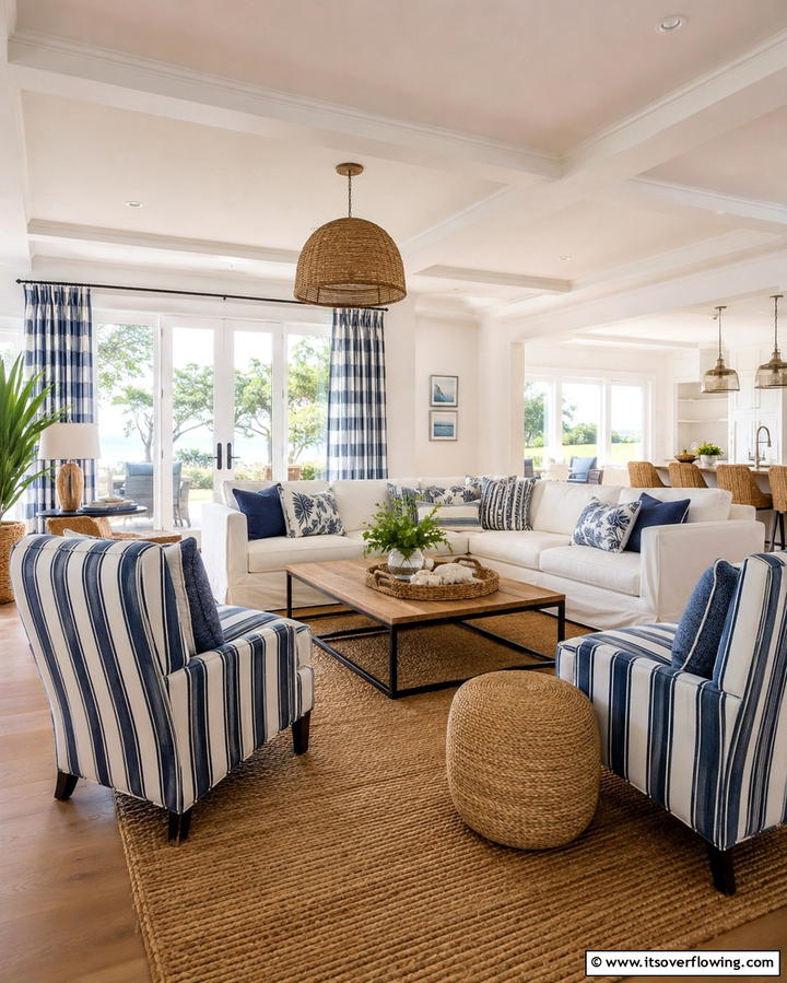 Striped Patterns - 30 Hamptons Living Room Ideas for Coastal-Inspired Elegance