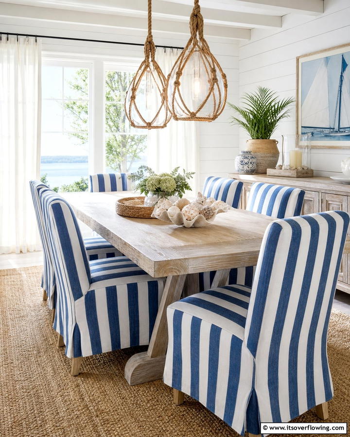Striped Upholstery for Chairs - 25 Coastal Dining Room Ideas for a Beachy Vibe