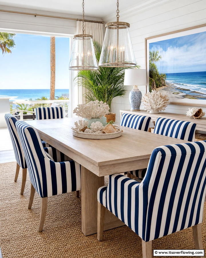 Striped Upholstery on Dining Chairs - 25 Coastal Dining Room Ideas for a Beachy Vibe