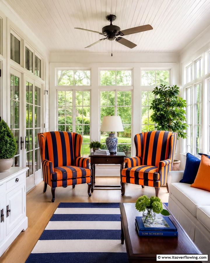 Striped Upholstery - 25 Orange and Blue Living Room Ideas for a Bold Look
