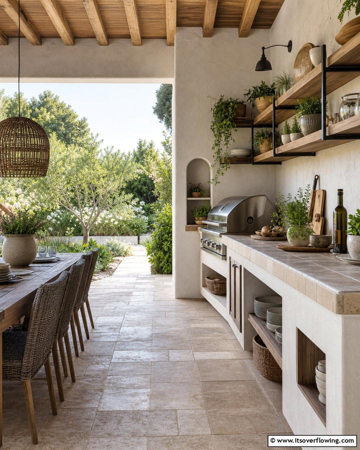 Stucco Kitchen with Open Shelving - 20 Stucco Outdoor Kitchen Ideas for Stylish Cooking